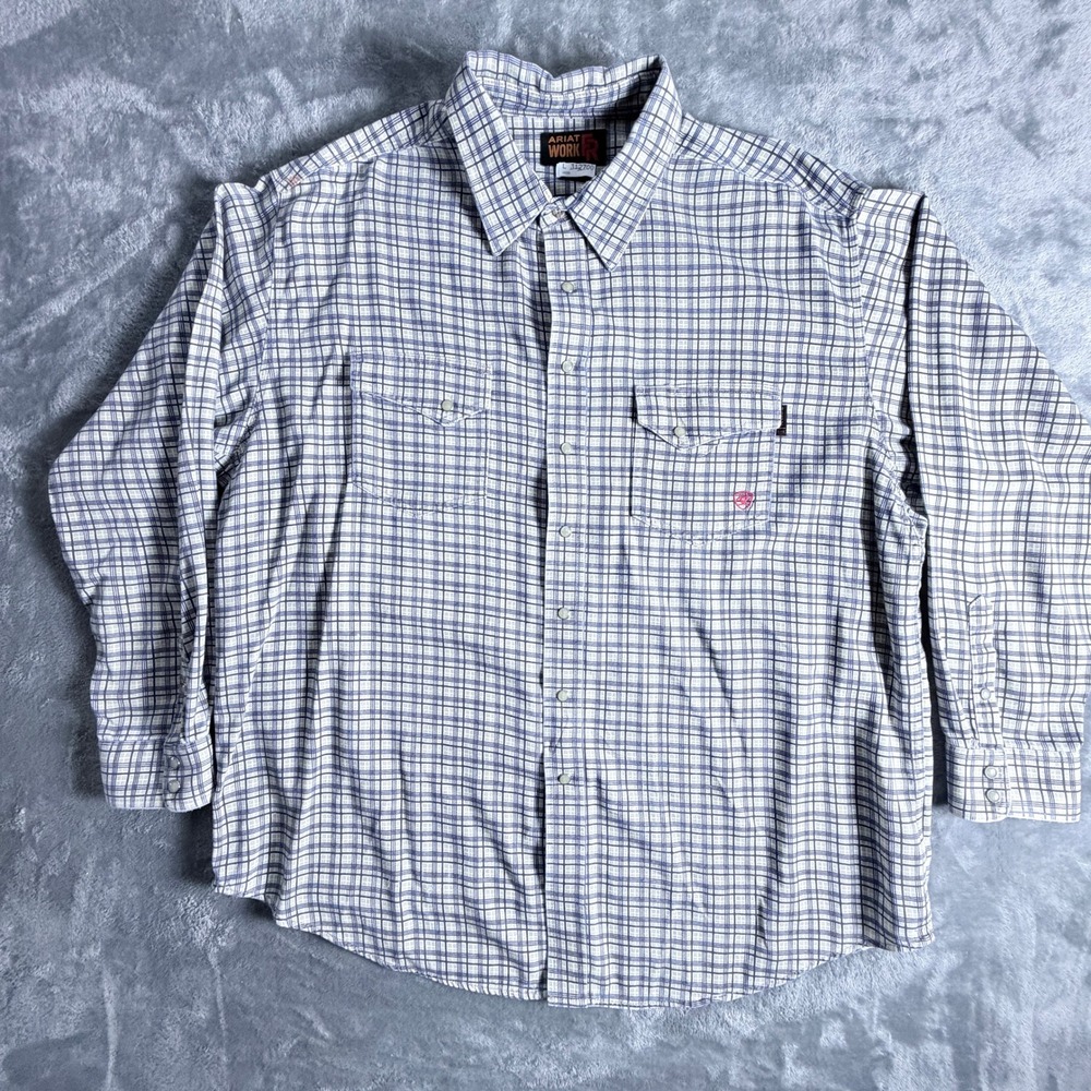 Ariat Work FR Mens XXL Blue Plaid Flame Resistant HRC 2 Button Down Work Shirt